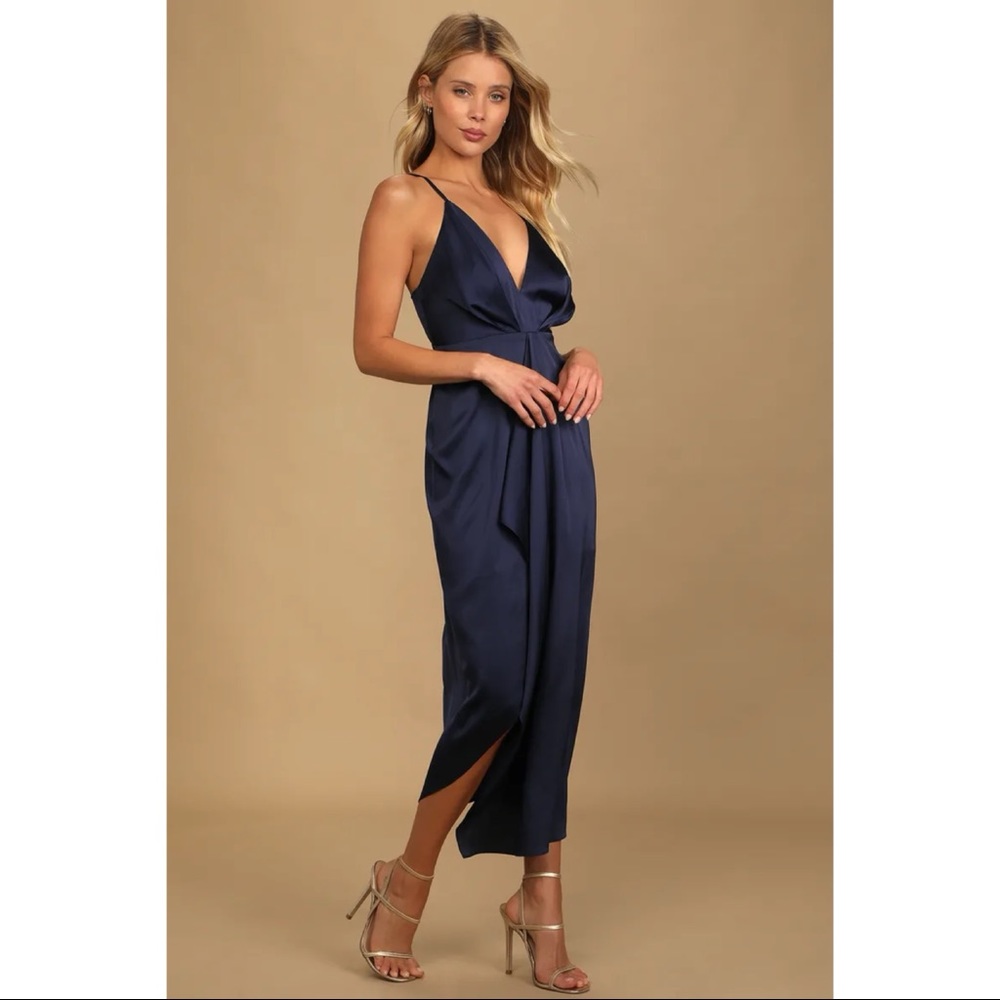 Lulus - Caught Feelings Navy Blue Satin Ruffled Midi Dress